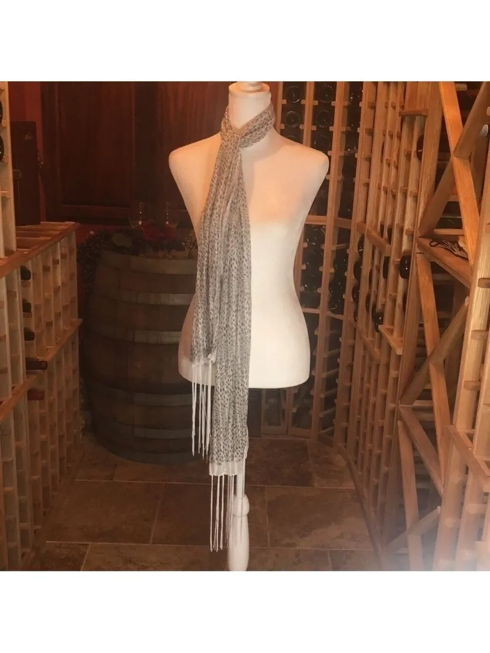 Scarf Grey/White Sheer Print with Sparkle Bling & Tassels